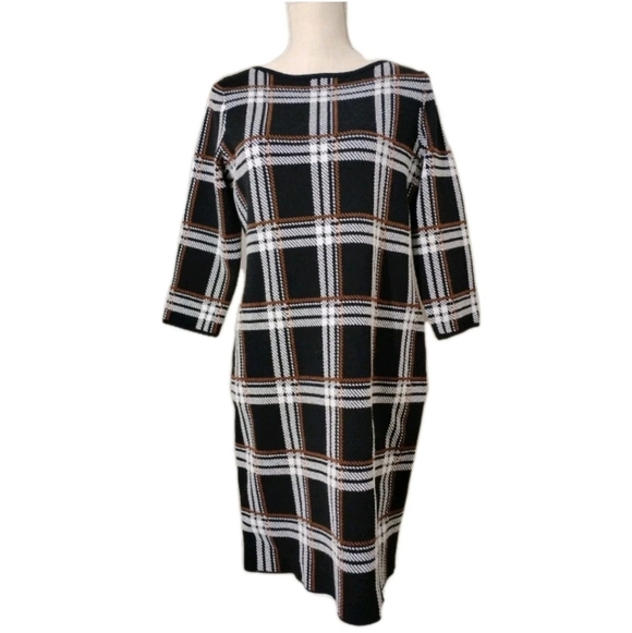 Ann Taylor Plaid Knit Sweater Dress 3/4 Sleeve Black Brown White Women's Size PL - Picture 4 of 6